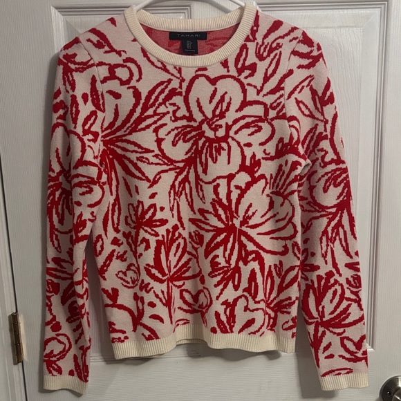 Tahari Sweaters - Tahari Cream and Red Floral Crewneck Sweater